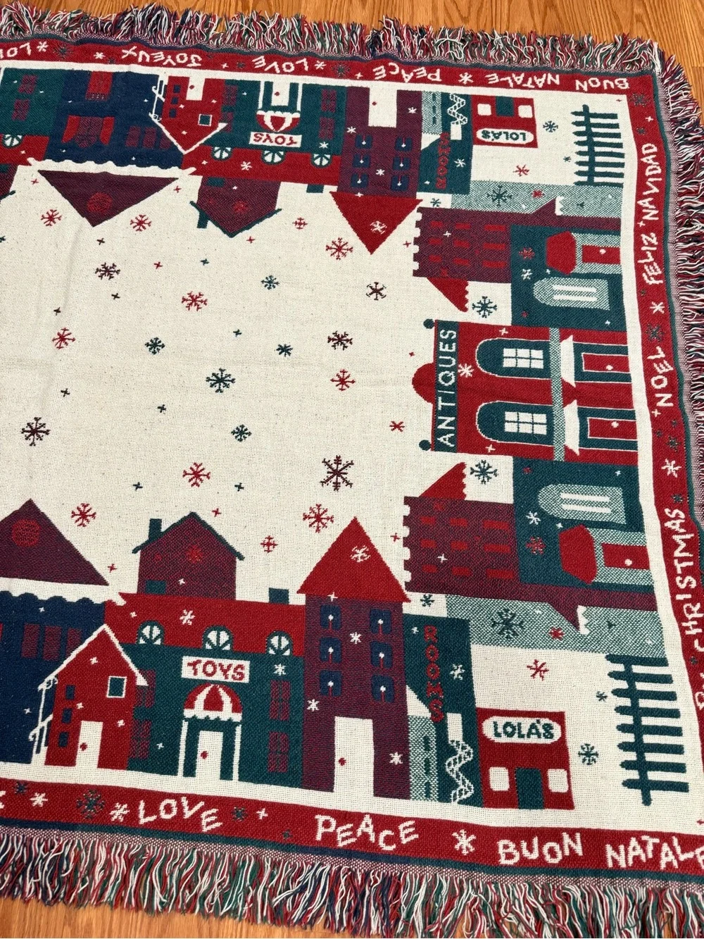 Holiday Village Fringe Throw Blanket - Red, Green & Cream 66x46